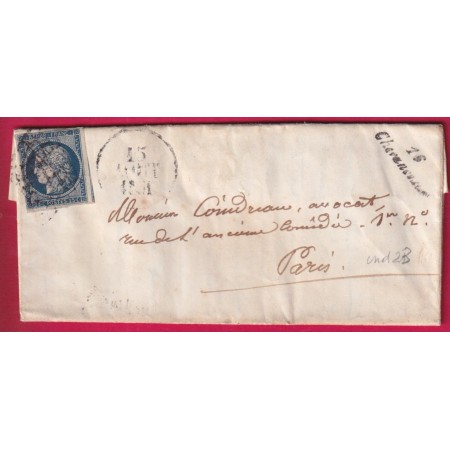 N°4 CURSIVE 16 CHEVANCEAUX CHARENTE INFERIEURE GRILLE DATEUR A 15 AOUT 1851 POUR PARIS LETTRE