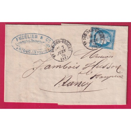 N°60 CAD TYPE 16 ST DIE DES VOSGES POUR NANCY 7 JUIN 1876 LETTRE