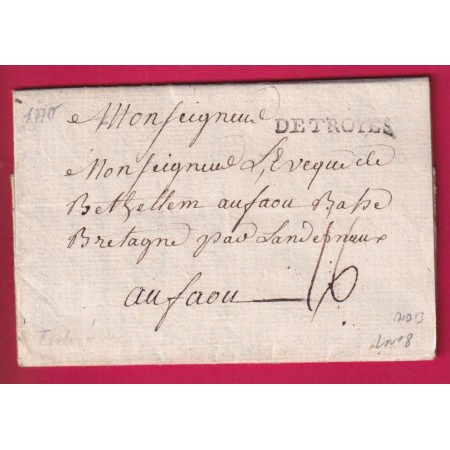 MARQUE DE TROYES AUBE 1770 INDICE13 LENAIN N°8 POUR LE FAOU FINISTERE LETTRE