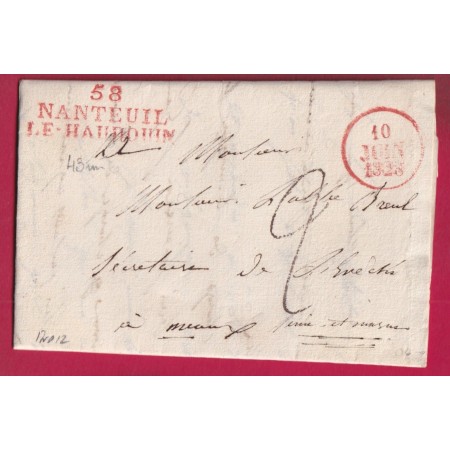MARQUE 58 NANTEUIL LE HAUDIN OISE 1828 EN ROUGE POUR MEAUX SEINE ET MARNE LETTRE