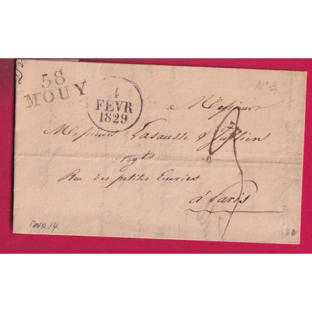 MARQUE 58 MOUY OISE 1829 INDICE 14 POUR PARIS LETTRE