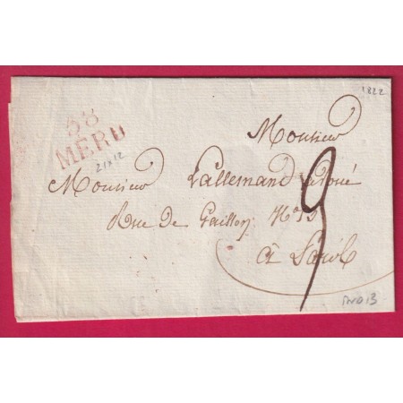 MARQUE 58 MERU EN ROUGE OISE 1822 POUR PARIS INDICE 13 LETTRE