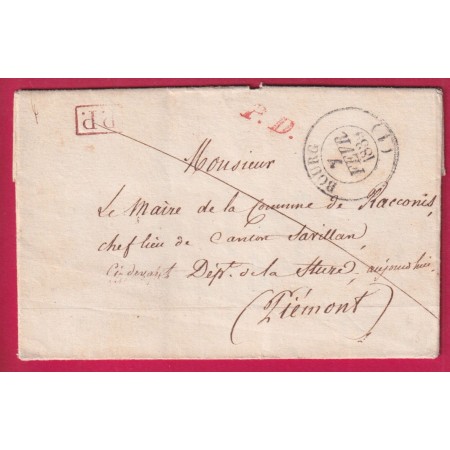 CAD TYPE 13 BOURG AIN 1839 PP + PD ROUGE POUR RACCONIS RACCONIGI PIEMONT ITALIE LETTRE