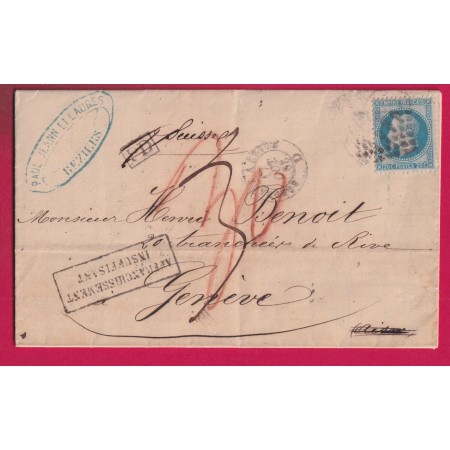 N°29 AMBULANT BORDEAUX A CETTE TAXE 3 FRANCAISE + TAXE SUISSE 30 ROUGE POUR GENEVE SUISSE LETTRE