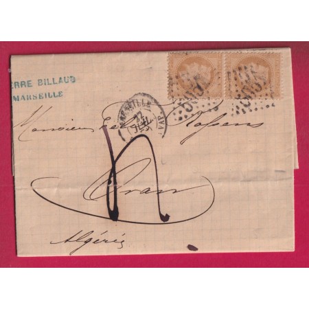 N°28 PAIRE MARSEILLE BATEAU A VAPEUR POUR ORAN ALGERIE TAXE MANUSCRIT 4 1870 LETTRE