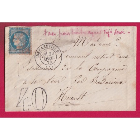 N°60 CAD ROUGE IMPRIME TAXE TAMPON 40 DECAZEVILLE AVEYRON TAXE POUR TIMBRE AYANT DEJA SERVI 1872 LETTRE