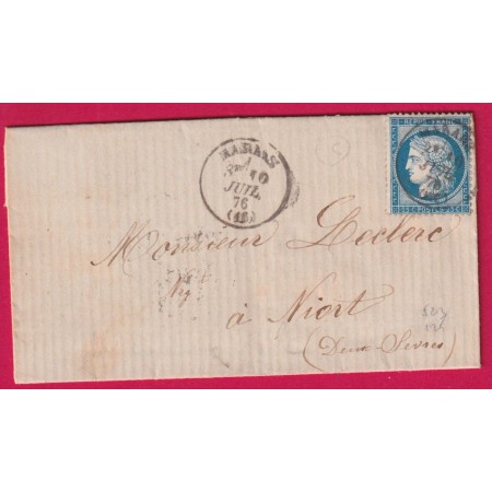 N°60 CAD TYPE 16 MARANS CHARENTE INFERIEURE POUR NIORT 10 JUILLET 1876 LETTRE