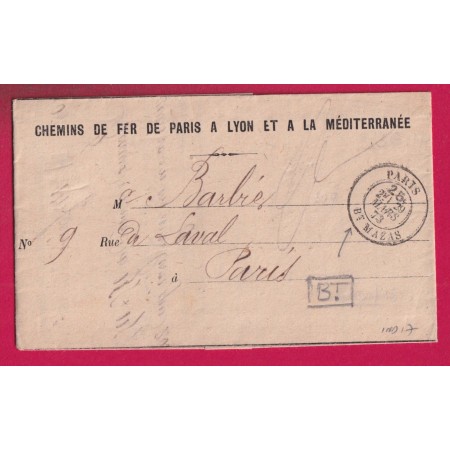 PARIS CACHET TAXE 25C BT MAZAS POUR PARIS INDICE 17 1873 LETTRE