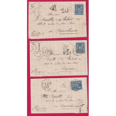 LOT DE 3 LETTRE AVEC N°90 POUR ESPAGNE AVEC 3 TAXES ESPAGNOLES DIFFERENTES A 20 CTS LETTRE