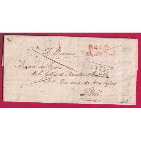 MARQUE P48P VALOGNES EN ROUGE MANCHE 1822 POUR PARIS INDICE 13 LETTRE