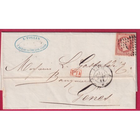 N°16 PARIS BUREAU J POUR GENES GENOVA ITALIE ITALIA 1861 LETTRE