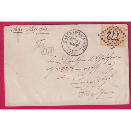 N°38 GC 772 CASTRES SUR L'AGOUT TARN POUR LEIPZIG ALLEMAGNE PRUSEE 1871 LETTRE