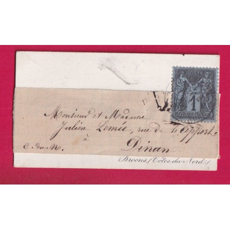 N° 83 SEULE SUR CARTE DE VISITE SOUS BANDE BROONS COTES DU NORD POUR DINAN LETTRE