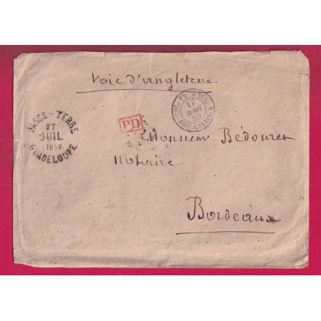 BASSES TERRE GUADELOUPPE VOIE ANGLAISE 1859 POUR BORDEAUX LETTRE