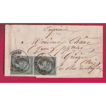 N°11 PAIRE TTB CAD TYPE 15 BOURG EN BRESSE AIN BANDE DE JOURNAL POUR GRIEGES PONT DE VEYLE LETTRE