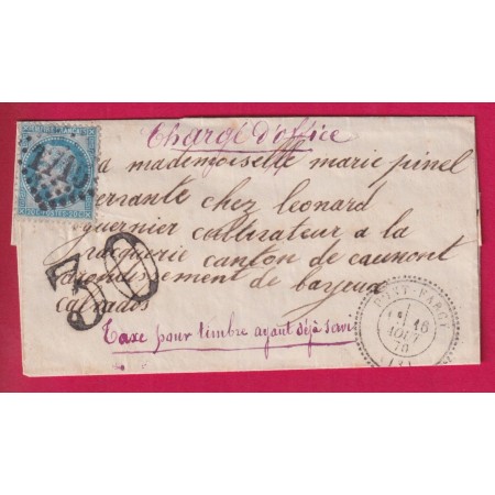 N°29 CAD TYPE 24 PONT FARCY CALVADOS AXE TAMPON 30 CHARGE D'OFFICE TAXE POUR TIMBRE AYANT DEJA SERVI LETTRE