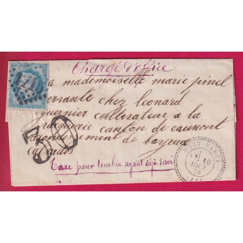 N°29 CAD TYPE 24 PONT FARCY CALVADOS AXE TAMPON 30 CHARGE D'OFFICE TAXE POUR TIMBRE AYANT DEJA SERVI LETTRE