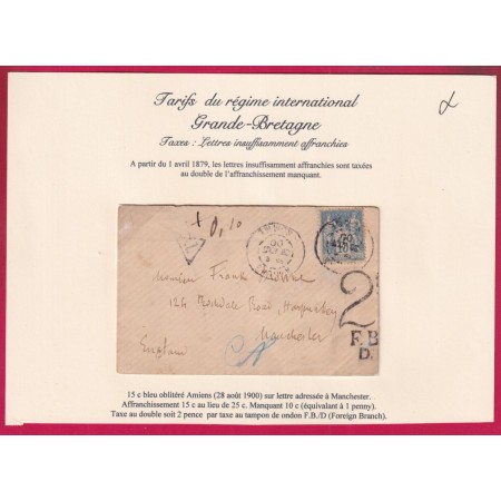 N°90 AMIENS SOMME 1900 TAXE ANGLAISE 2 FBD POUR MANCHESTER ANGLETERRE LETTRE
