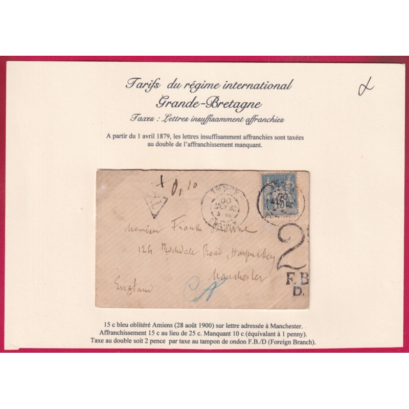 N°90 AMIENS SOMME 1900 TAXE ANGLAISE 2 FBD POUR MANCHESTER ANGLETERRE LETTRE