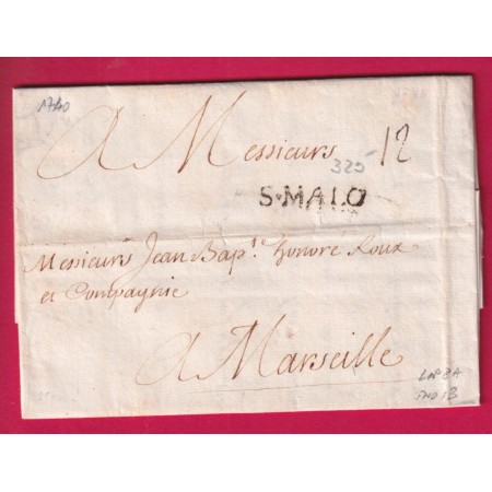MARQUE ST MALO ILLE ET VILAINE 1740 LENAIN N°8A INDICE 13 POUR MARSEILLE LETTRE