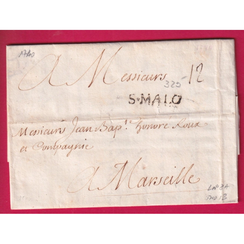 MARQUE ST MALO ILLE ET VILAINE 1740 LENAIN N°8A INDICE 13 POUR MARSEILLE LETTRE