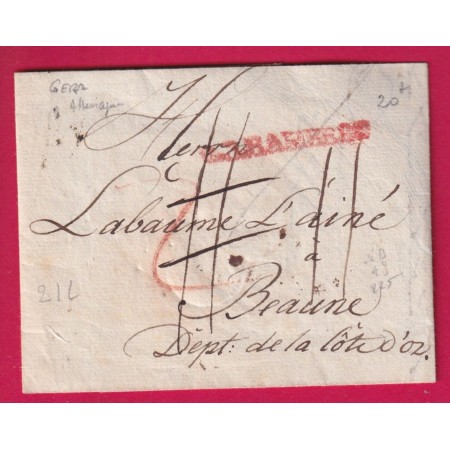 DEBOURSE DEB 24 BESANCON DOUBS 1805 DEPART GERA ALLEMAGNE MARQUE ROUGE BAMBERG LETTRE