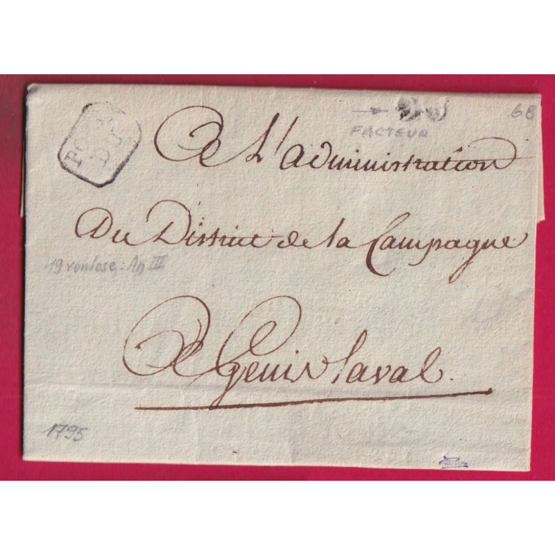 PETITE POSTE DE LYON REMISE AU FACTEUR 1795 POUR ST GENIS LAVAL LES ADMINISTRATEURS DU RHONE DISTRICT DE LA CAMPAGNE