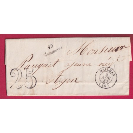 CURSIVE 45 COCUMONT + TYPE 15 MEILHAN 1852 POUR AGEN INDICE 16 LETTRE