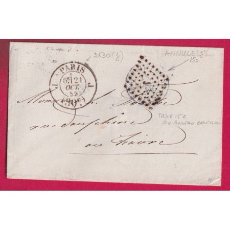 PARIS CACHET TAXE 15C DU BUREU CENTRAL ANNULE PAR LOSANGE J BATON + CACHET PARIS TAXE J (30C) J 1859 LETTRE
