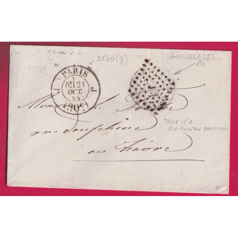 PARIS CACHET TAXE 15C DU BUREU CENTRAL ANNULE PAR LOSANGE J BATON + CACHET PARIS TAXE J (30C) J 1859 LETTRE
