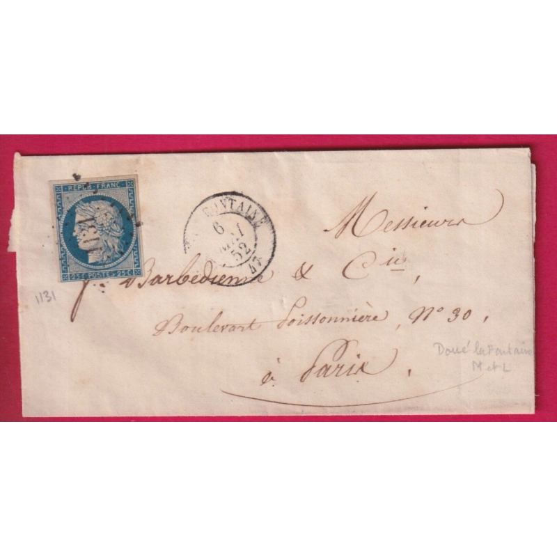 N°4 PC 1131 DOUE LA FONTAINE MAINE ET LOIRE POUR PARIS AU DOS AMBUANT LIGNE DE TOURS LETTRE