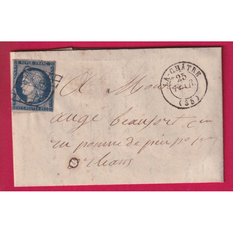N°4 BLEU FONCE GRILLE LA CHATRE INDRE POUR ORLEANS LOIRET 1851 LETTRE