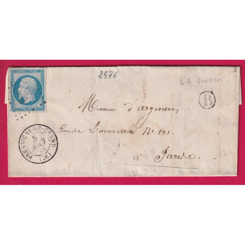 N°14 PC 2576 PRESSIGNY LE GRAND INDRE ET LOIRE BOITE RURALE B LA GUERCHE POUR PARIS LETTRE