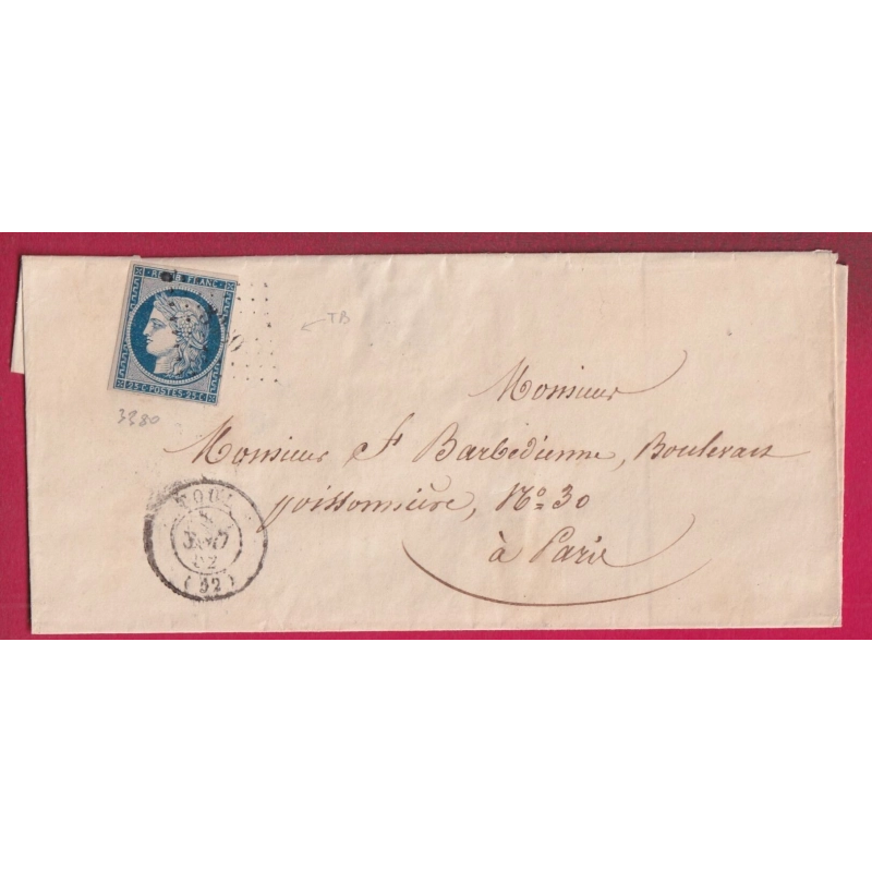 N°4 PC 3380 TOUL MEURTHE ET MOSELLE POUR PARIS AU DOS CACHET DE MAIRIE LETTRE