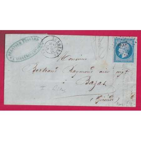 N°14 BLEU SUR LILAS PC 2956 SURGERES CHARENTE INFERIEURE POUR BAZAS GIRONDE LETTRE