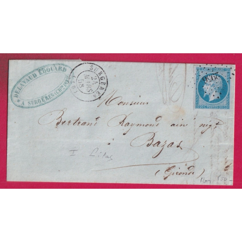 N°14 BLEU SUR LILAS PC 2956 SURGERES CHARENTE INFERIEURE POUR BAZAS GIRONDE LETTRE