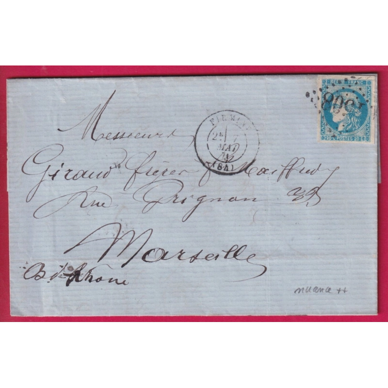 N°46B BLEU GRIS GC 1058 FIRMINY LOIRE POUR MARSEILLE ETIQUETTE PUB AU DOS LETTRE