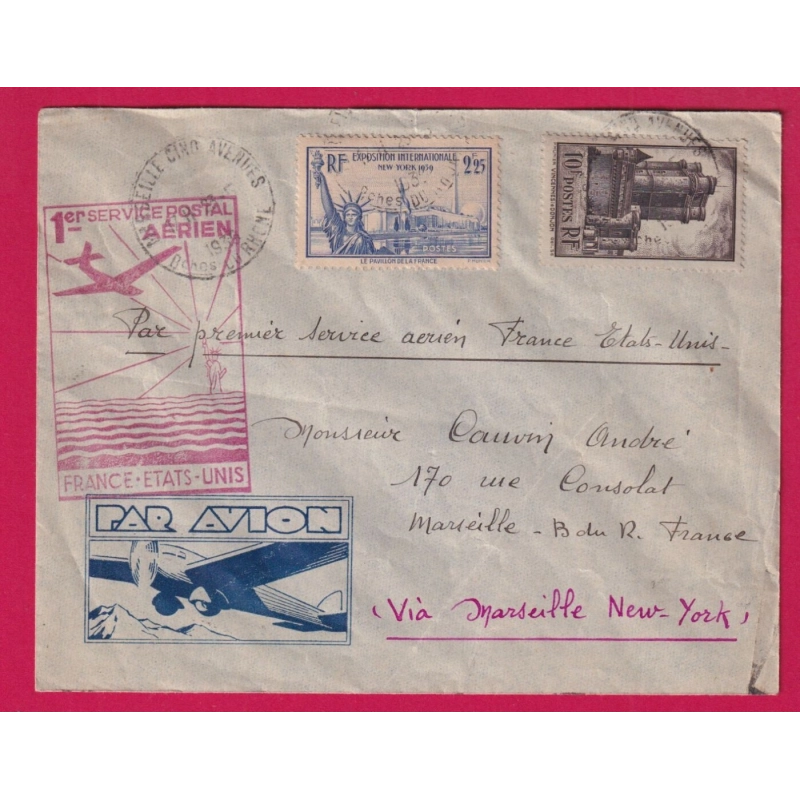 N°393 426 1ER VOL FRANCE ETATS UNIS 1939 POUR MARSEILLE LETTRE