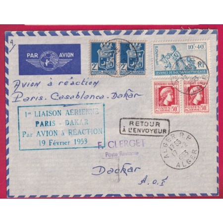 1ER VOL PARIS DAKAR  1953 ALGER ALGERIE POUR DAZAR LETTRE