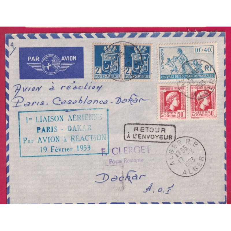 1ER VOL PARIS DAKAR  1953 ALGER ALGERIE POUR DAZAR LETTRE