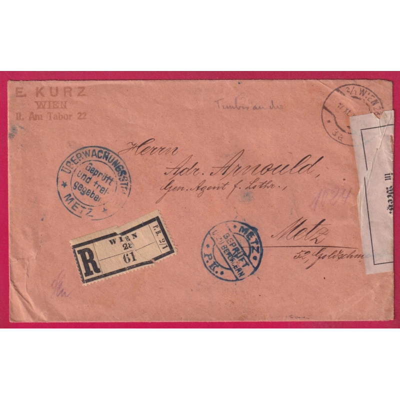 WW1 CENSURE CENSOR METZ MOSELLE SUR LETTRE RECOMMANDE WIEN AUTRICHE AUSTRIA  1916 LETTRE