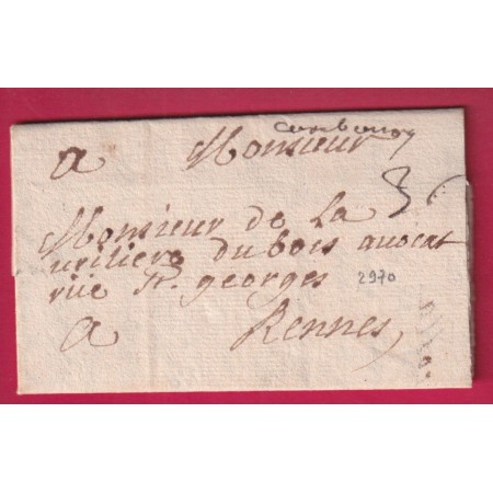 MARQUE MANUSCRIT COMBOURG ILLE ET VILAINE 1744 INDICE 20 LENAIN N°3 POUR RENNES LETTRE
