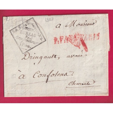 MARQUE PORT PAYE PARIS + ANCIEN BUREAU DE CORRESPONDANCE PARIS 1808 POUR CONFOLENS CHARENTE LETTRE