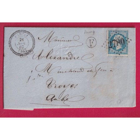 N°22 GC 2780 PANCEY HAUTE MARNE BOITE RURALE F PAROY POUR TROYES AUBE INDICE 17 LETTRE