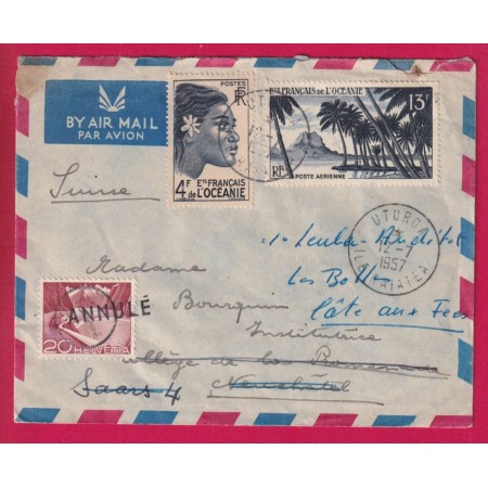 POLYNESIE FRANCAISE OCEANIE UTUROA ILE RAIATEA 1957 TAXE 20C SUISSE NEUFCHATEL LETTRE