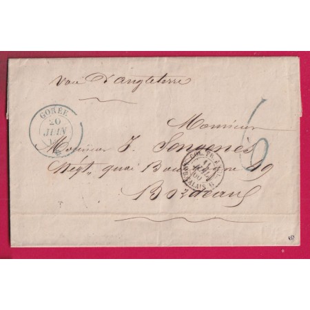 CAD BLEU GOREE SENEGAL 1860 TAXE TAMPON 6 EN BLEU ENTREE COL FR ANG AMB CALAIS POUR BORDEAUX VOIE ANGLAISE