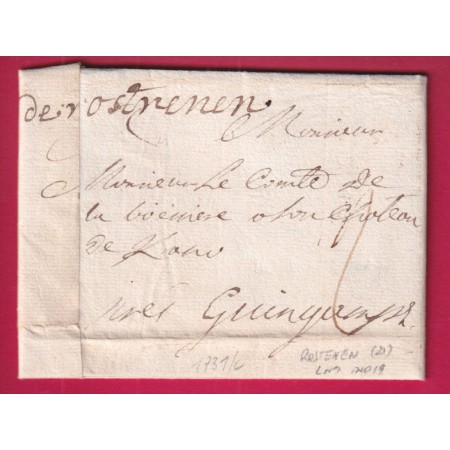 MARQUE MANUSCRIT DE ROSTRENEN COTES DU NORD 1731 LENAIN N°1 INDICE 19 POUR GUINGAMP LETTRE