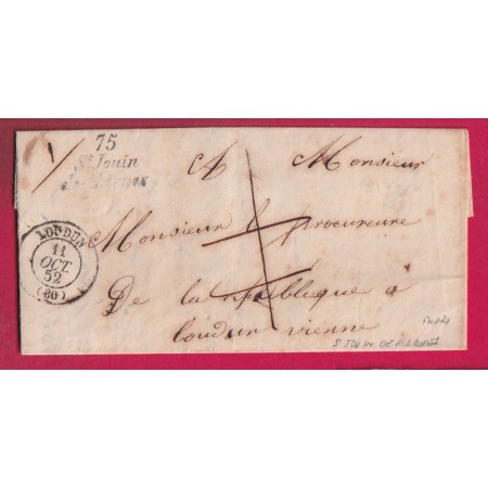 CURSIVE 75 ST JOUIN DE MARNES DEUX SEVRES + T15 LOUDUN VIENNE INDICE 21 POUR LOUDUN TAXE LOCALE ANNULE FRANCHISE LETTRE