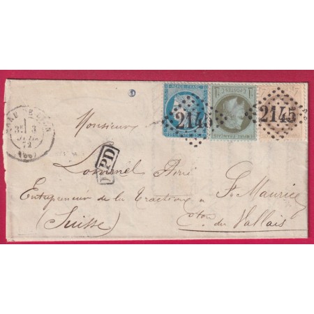 N°60 25 24 GC 2145 GARE DE LYON POUR ST MAURICE EN VALAIS SUISSE 1872 BELLE ETIQUETTE PUB AU DOS LETTRE