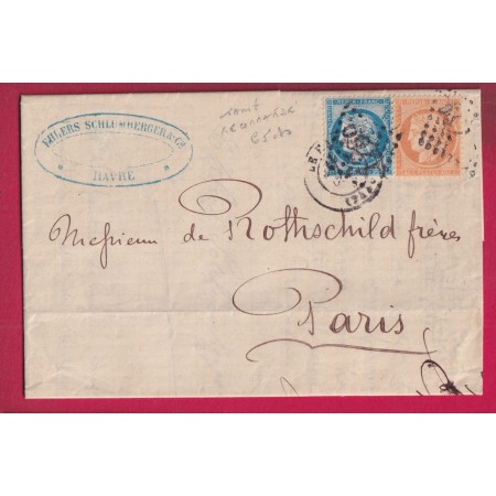 N°60 + 38 GC 1769 LE HAVRE RARE COMBINAISON AU TARIF RECOMMANDE POUR PARIS ARCHIVE ROTHSCHILD 1873 LETTRE